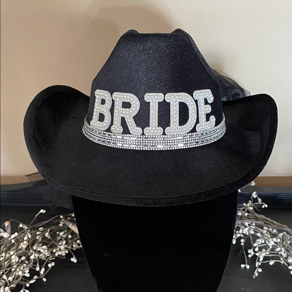 NEW!! Bachelorette Bride Cowgirl Hat with Pearls, Sequins & Black Bow/Veil.
